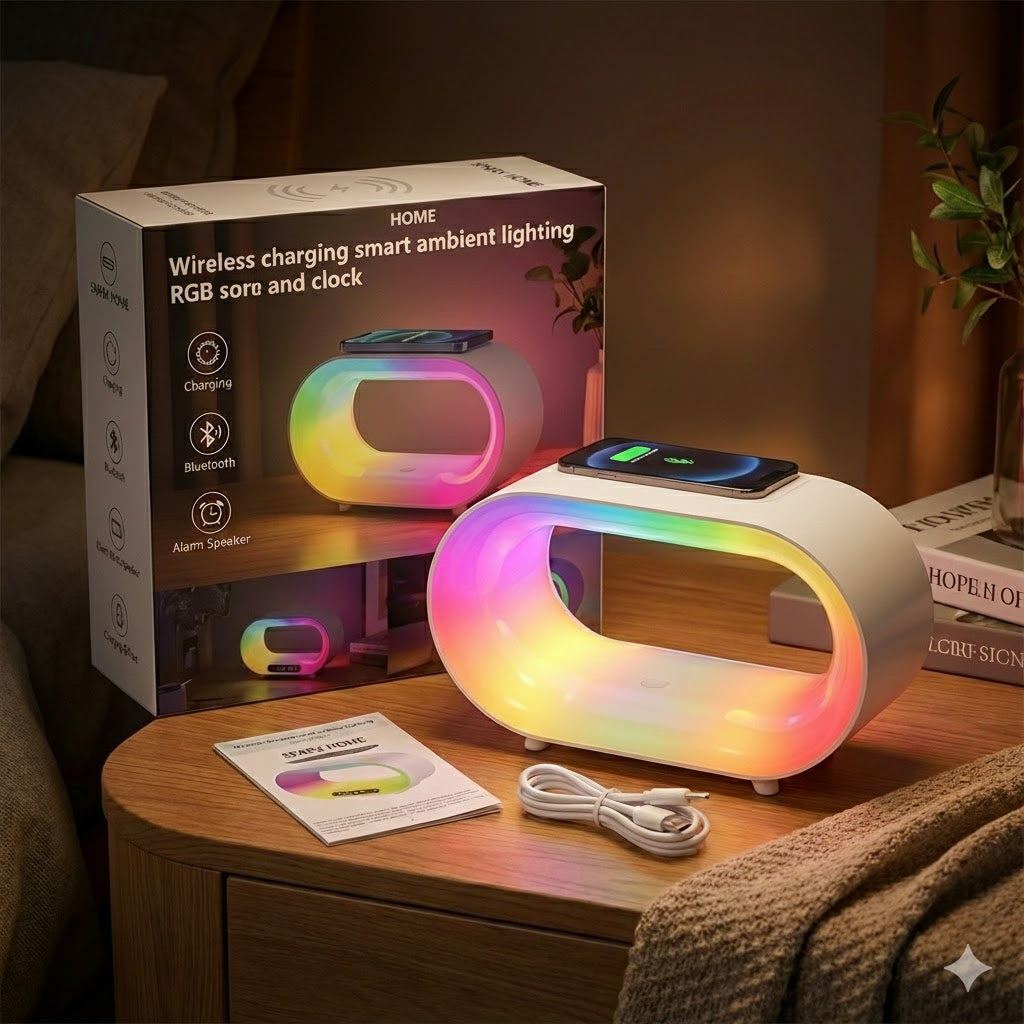 G Style Speaker Lamp | Alarm Clock | Wireless Mobile Charger | Natural Sleep Aid | LED Moon Lamp | Décor Table | Smart Light